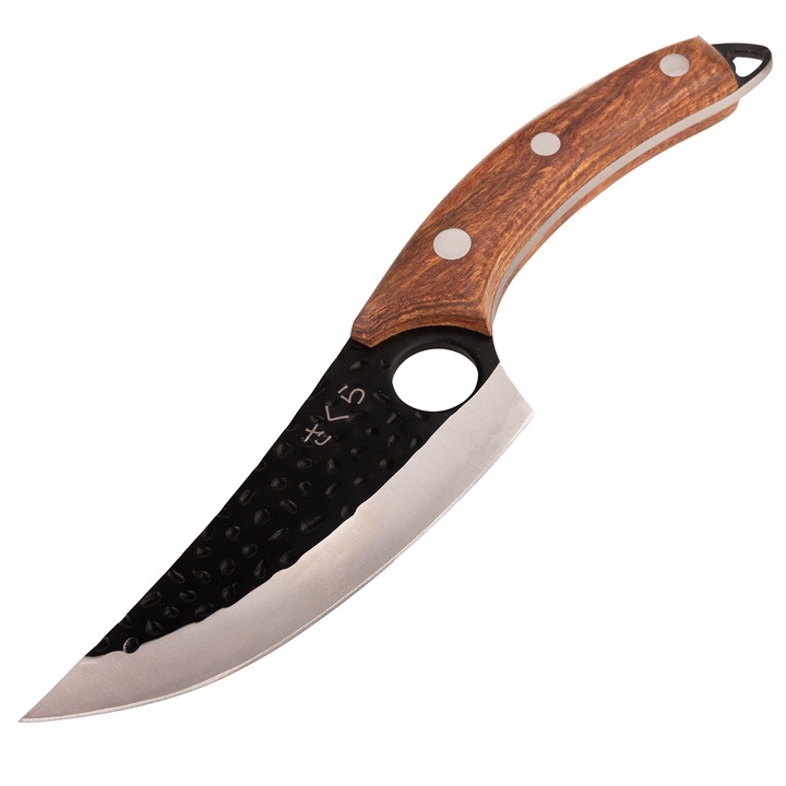 Cutit de bucatarie autentic japonez Sakura, tip Full Tang, lucrat manual, ideal pentru taiat, dezosat sau filetat, antiaderent, foarte rezistent, lama ascutita de 14.5 cm, calitate standard X50CrMoV15, maner din lemn monzo, teaca de piele inclusa, Maro