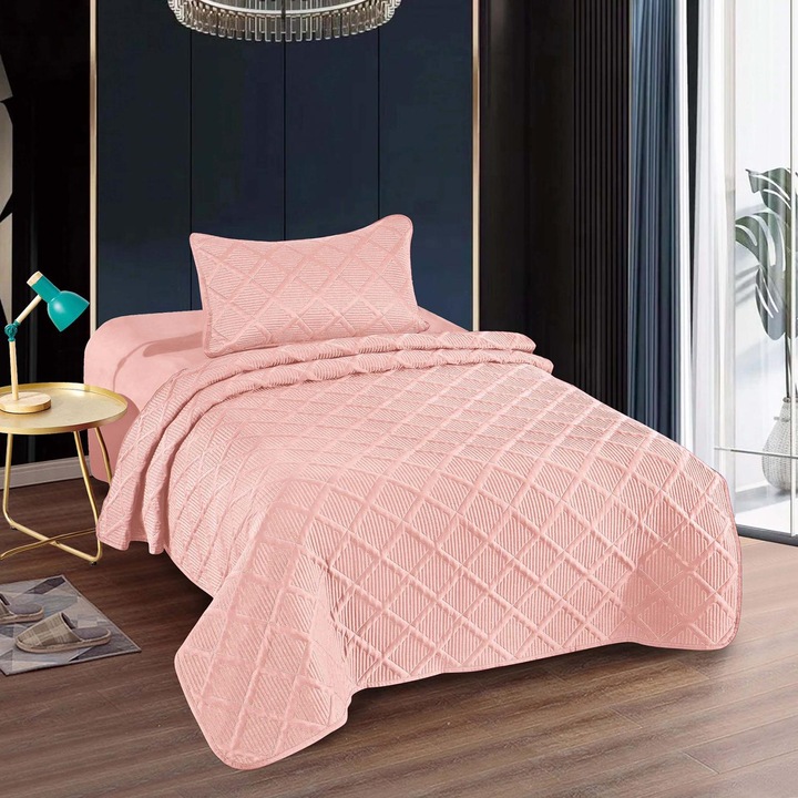 Капитонирана покривка за легло, един човек, 160 x 230 см с 1 калъфка за възглавница, 100% полиестер, 2 части, Ralex Pucioasa, Пудрово розово