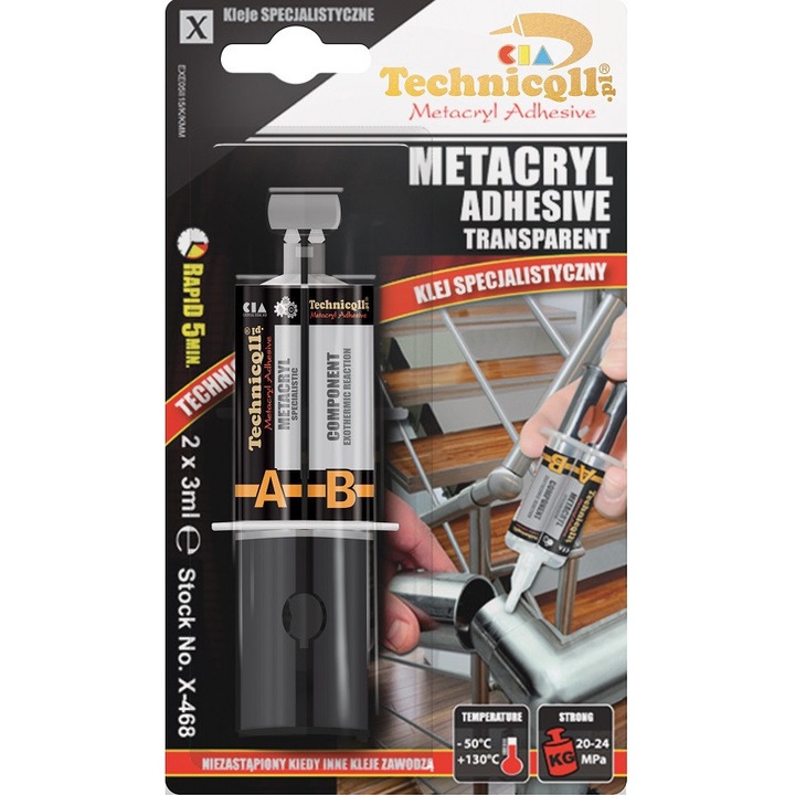 Adeziv metacrilic Technicqll, rezistent la temperaturi -50°C pana la 130°C, transparent, 23ml
