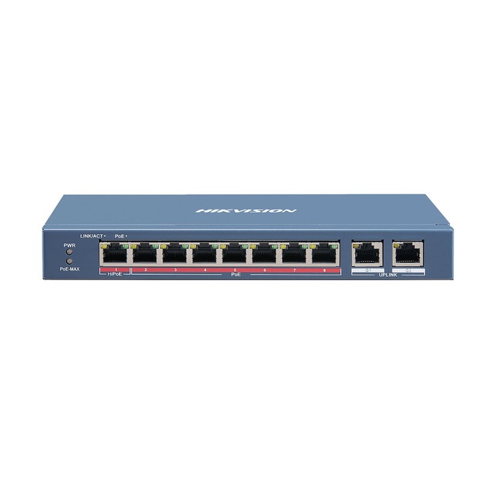 8 portos PoE switch Hikvision DS-3E1310HP-EI funkciók 1 × 10/100 Mbps Hi-PoE port, 7 × 10/100 Mbps