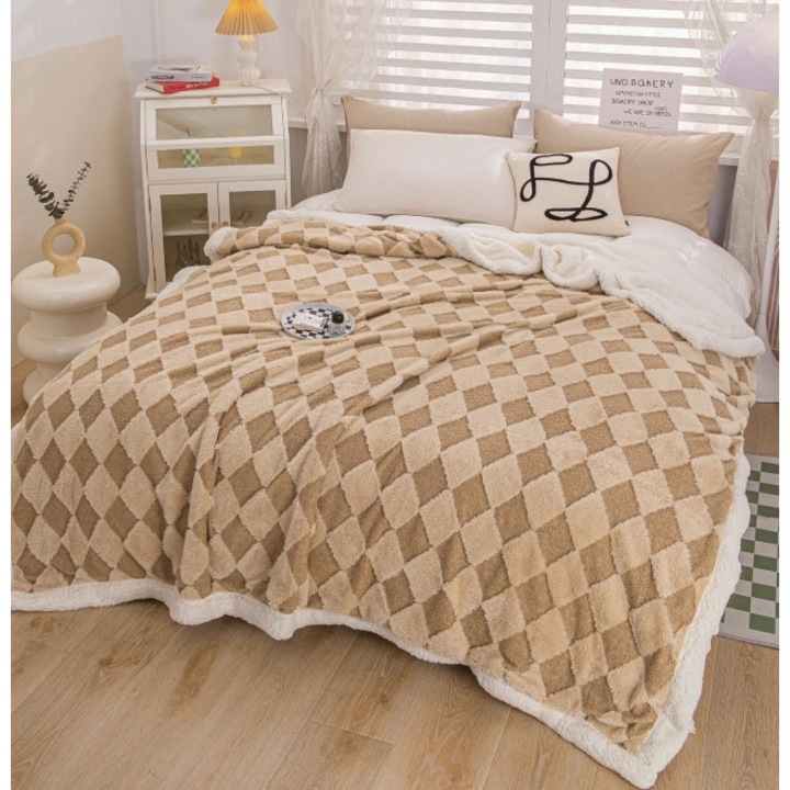 Patura cu blanita pentru pat dublu, Jojo Home, model Romburi, Bicolor, 200x230cm, Crem-Bej