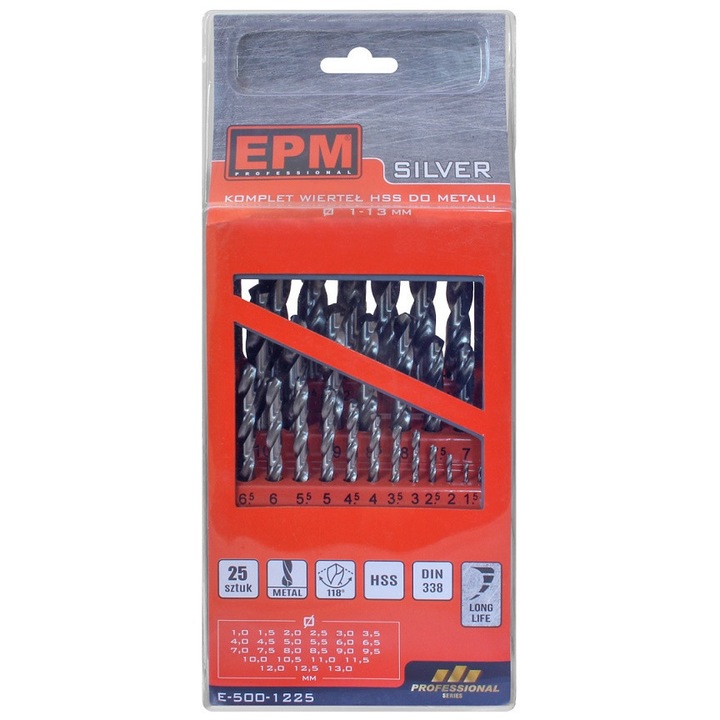 Комплект от 25 свредла за метал, EPM, стомана, HSS, 1-13 мм