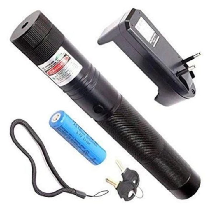 Lanterna cu Laser pointer verde puternic cu acumulator 10000 mW, 16 km, 1 acumulator Li-ion 8800mAh, profesionala, Negru, VisionXXI