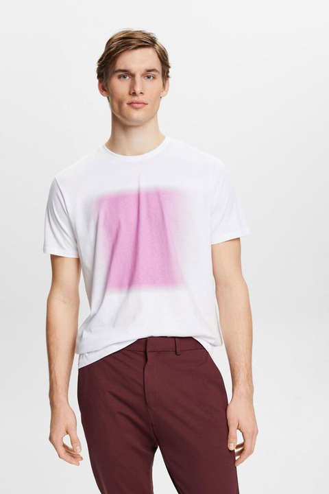 Esprit, Памучна тениска с щампа, Бял/Розово