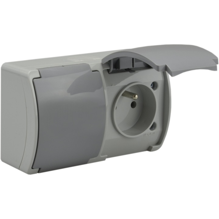 Priza dubla cu clapete, Doktorvolt, Plastic, IP44, 16A, 250V, Gri