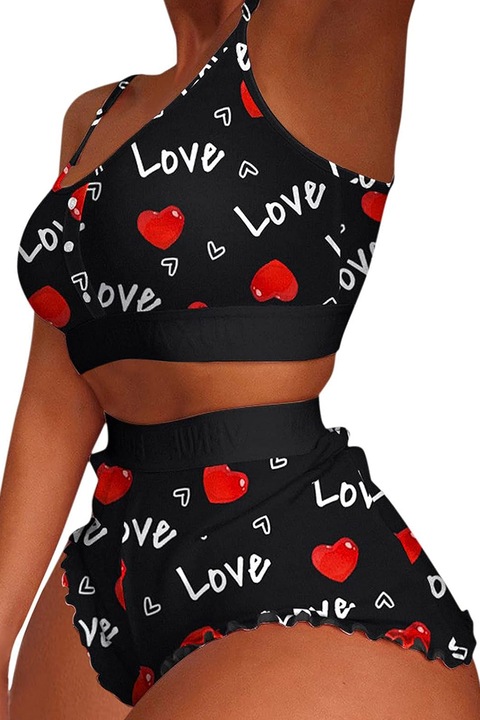 Pijama sexy dama, set 2 piese, top tip bustiera si pantaloni scurti, model cu imprimeu grafic, EFAYN, Negru