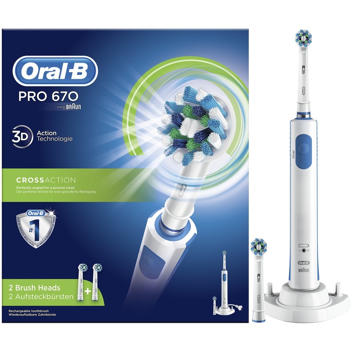 Periuta de dinti electrica Oral-B 670 CROSS ACTION, 2 Capete incluse, 20000 pulsatii/min 8800 oscilatii/min, Curatare 3D, 1 program, Alb / Albastru