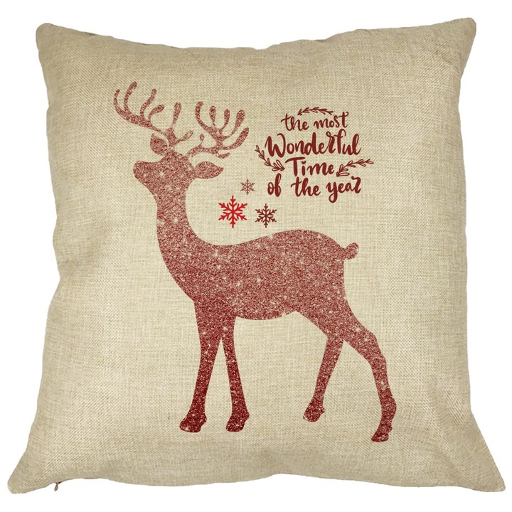Karácsonyi díszpárna rénszarvassal és szöveggel 1, 40x40 cm, levehető huzat, fújtató