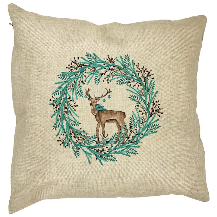 Dekoratív karácsonyi és rénszarvasos koszorú párna, 40x40 cm, levehető huzat, Burduf