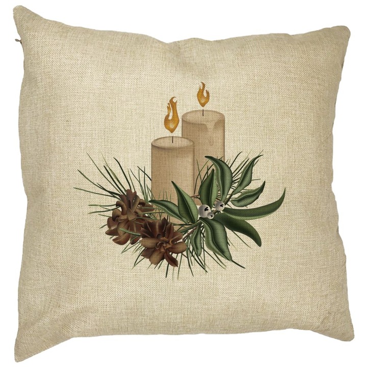 Perna Decorativa cu tematica de Craciun, Lumanari, 8, 40x40 cm, Husa Detasabila, Burduf