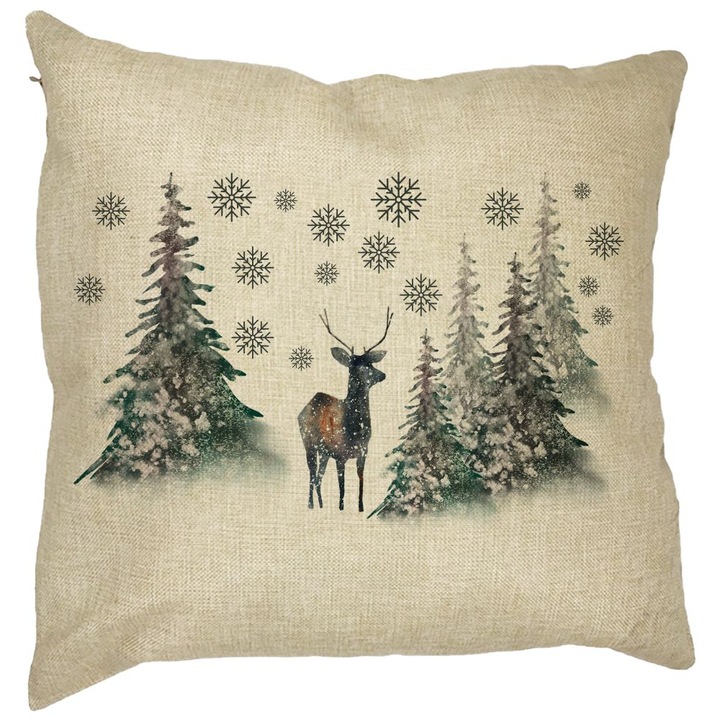 Karácsonyi díszpárna, fenyő és szarvas táj, 40x40 cm, levehető huzat