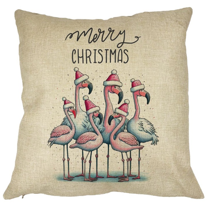 Dekoratív párna karácsonyi témával, flamingó és szöveg, 40x40 cm, levehető huzat, fújtató