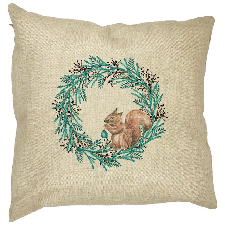 Dekoratív párna karácsonyi koszorúval és mókussal, 40x40 cm, levehető huzat
