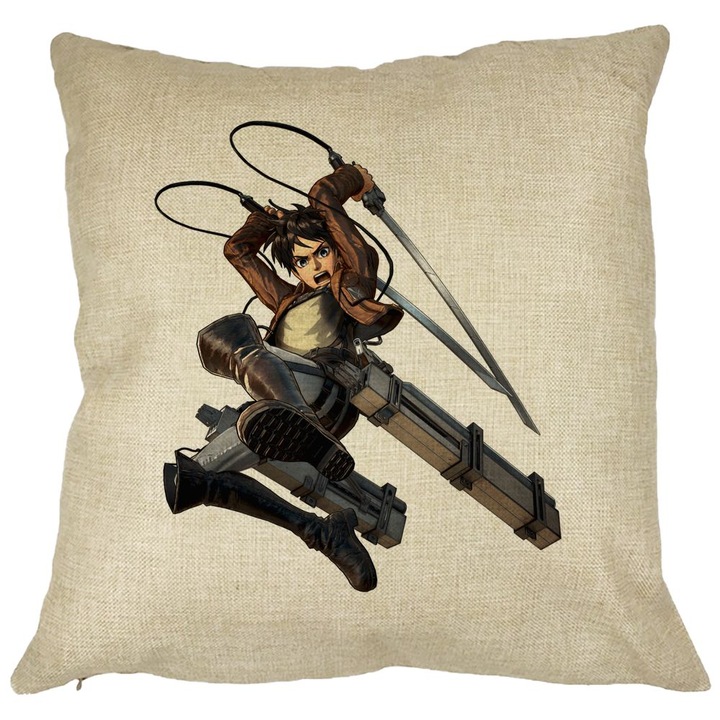 Dekoratív párna Attack on Titan Eren Yeagerrel, 40x40 cm, Levehető huzat, Fújtató