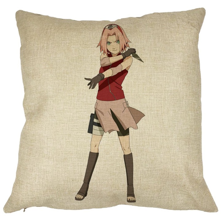 Dekoratív párna Naruto Sakurával, 40x40 cm, Levehető huzat, Fújtató