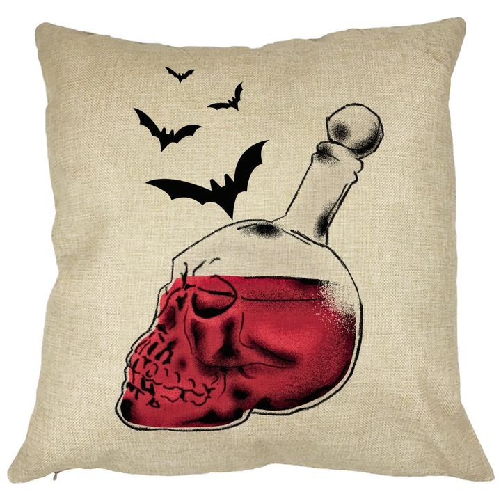 Dekoratív párna Halloween koponya üveg motívummal 1, 40x40 cm, levehető huzat, fújtató