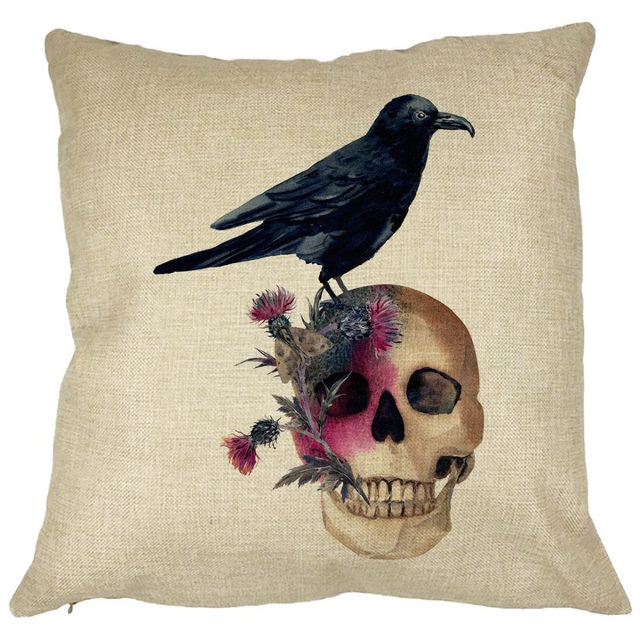 Dekoratív párna Halloween koponya és varjú motívummal, 40x40 cm, Levehető huzat, Fújtató