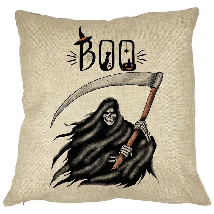 Perna Decorativa cu motiv The Grim Reaper, de Halloween, 40x40 cm, Husa Detasabila, Burduf
