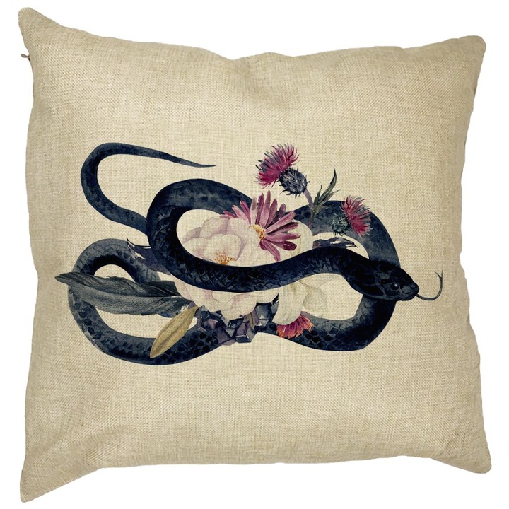 Dekoratív párna Halloween Kígyó és Virág motívummal, 40x40 cm, Levehető huzat, Fújtató