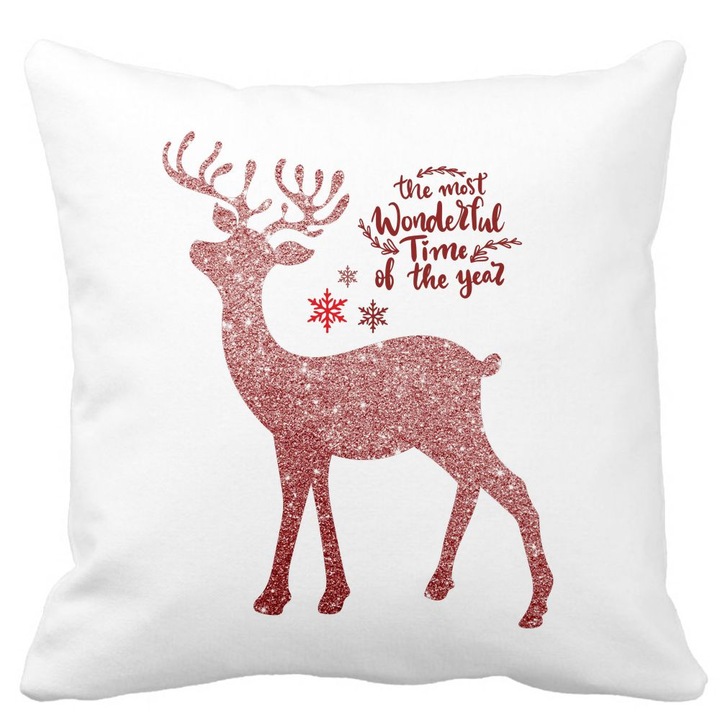 Karácsonyi díszpárna rénszarvassal és szöveggel 1, 40x40 cm, fehér, matt, levehető huzat