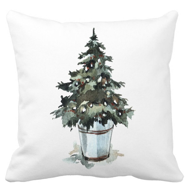 Karácsonyi témájú díszpárna, Fenyő 1, 40x40 cm, Fehér, Matt, Levehető huzat, Fújtató
