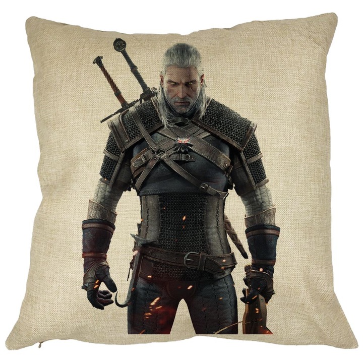 Dekoratív párna The Witcher 2-vel, 40x40 cm, Levehető huzat, Fújtató