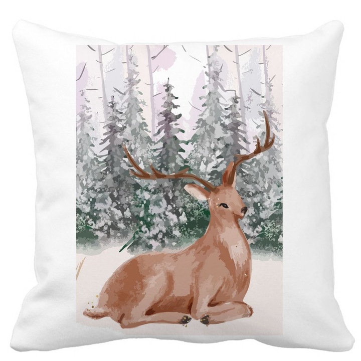 Karácsonyi témájú díszpárna, Szarvas, 40x40 cm, Fehér, Matt, Levehető huzat, Fújtató