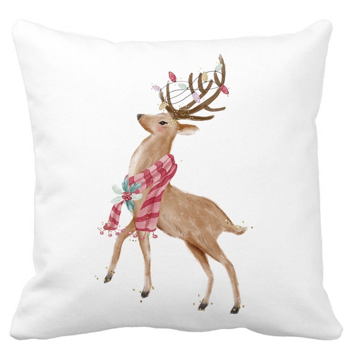 Karácsonyi díszpárna rénszarvassal, 2, 40x40 cm, fehér, matt, levehető huzat, fújtató