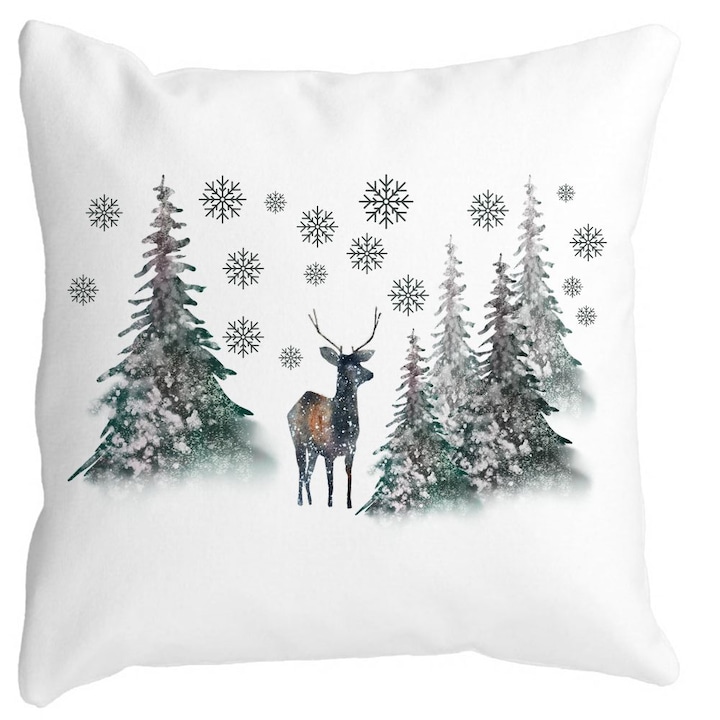 Karácsonyi díszpárna, fenyő és szarvas táj, 40x40 cm, fehér, matt, levehető huzat, fújtató