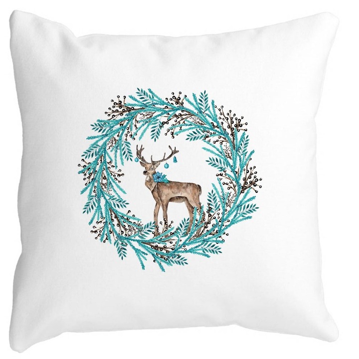 Karácsonnyal és REN-nel koronázott díszpárna, 40x40 cm, fehér, matt, levehető huzat, fújtató