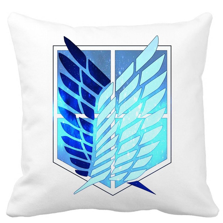 Perna Decorativa cu Attack on Titan Symbol, 40x40 cm, Alba, Mata, Husa Detasabila, Burduf