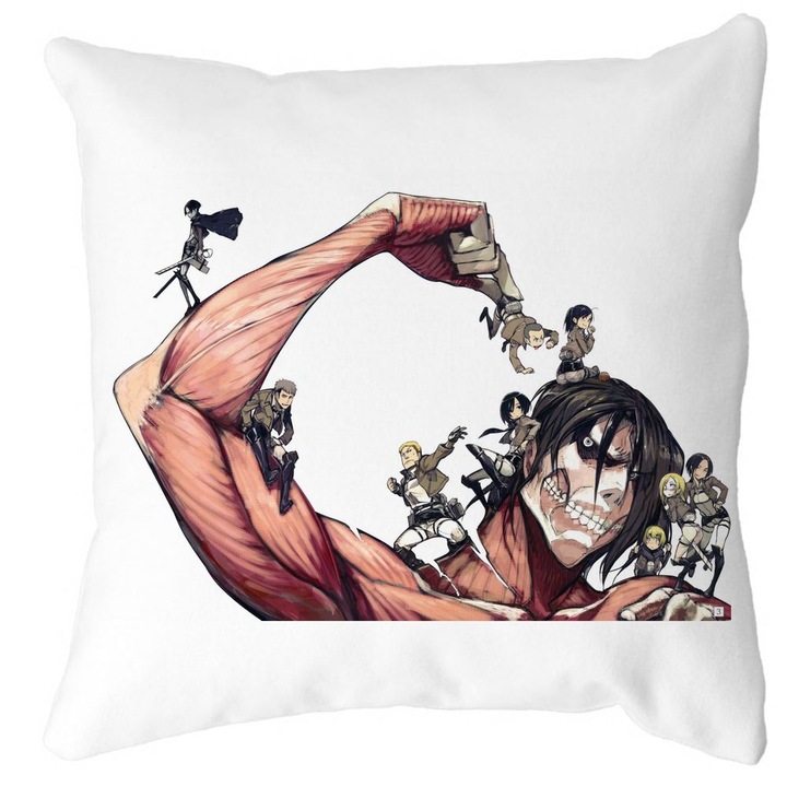Dekoratív párna Attack on Titan Giant, 40x40 cm, fehér, matt, levehető huzat, fújtató