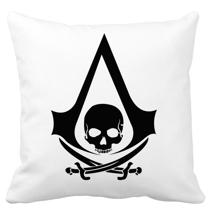 Dekoratív párna Assassin's Creed rajongókkal, 40x40 cm, fehér, matt, levehető huzat, fújtató