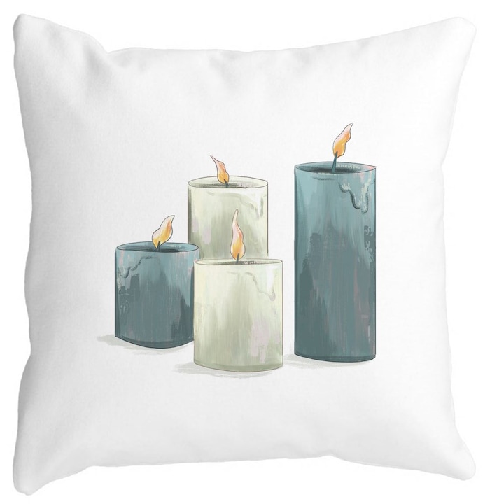Karácsonyi témájú díszpárna, 4 gyertya, 40x40 cm, Fehér, Matt, Levehető huzat, Fújtató