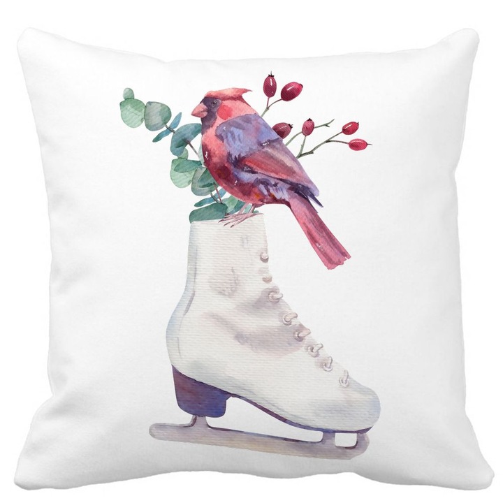 Karácsonyi díszpárna, korcsolya és színes madarak, 40x40 cm, fehér, matt, levehető huzat, fújtató