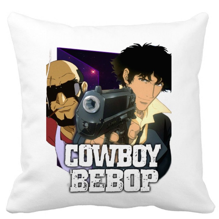 Dekoratív párna Cowboy Bebop 3-mal, 40x40 cm, fehér, matt, levehető huzat, fújtató