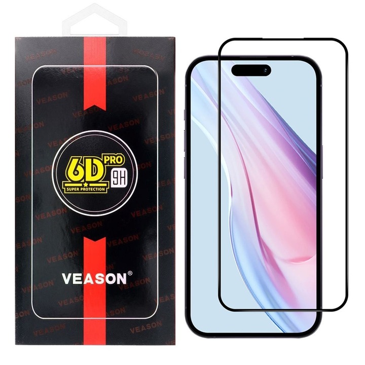 iPhone 15 Plus / 16 Plus kompatibilis üvegfólia, előlapi, edzett, hajlított, fekete kerettel, Veason 6D Pro
