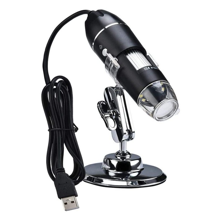Microscop cu LED reglabil, conector USB A tata, 8 LED-uri, zoom 1000x, cablu alimentare 135cm, cu suport, Negru