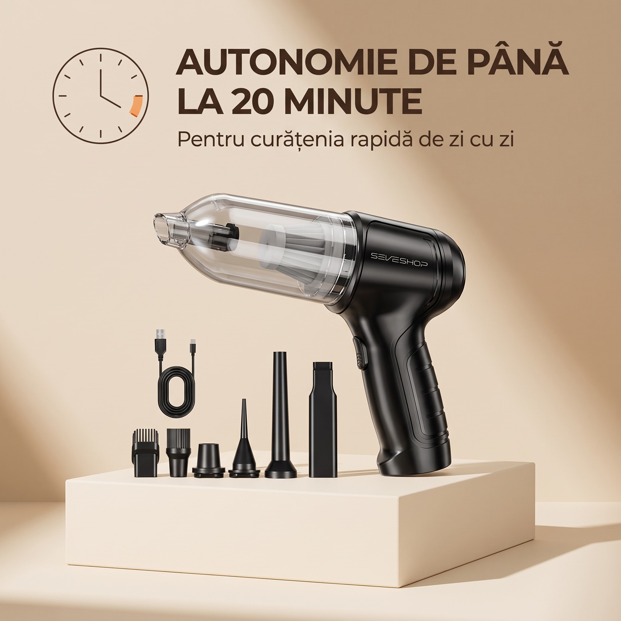 Aspirator Mana Portabil, SeveShop®, Aspirator De Mana Fara Fir Wireless, Aspirator Mana Cu Filtru HEPA, Putere 63.000 Pa, 7.4V, Baterie 2400 mAh, Autonomie 20 Minute, Capacitate 0.7L, Curatare Uscata, Compact Si Usor, Design Ergonomic, Argintiu