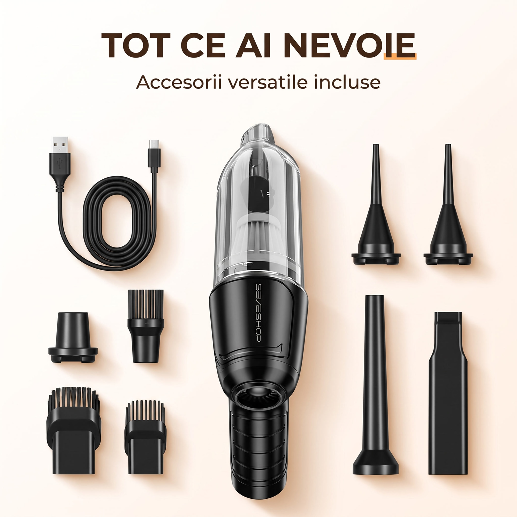 Aspirator Mana Portabil, SeveShop®, Aspirator De Mana Fara Fir Wireless, Aspirator Mana Cu Filtru HEPA, Putere 63.000 Pa, 7.4V, Baterie 2400 mAh, Autonomie 20 Minute, Capacitate 0.7L, Curatare Uscata, Compact Si Usor, Design Ergonomic, Argintiu