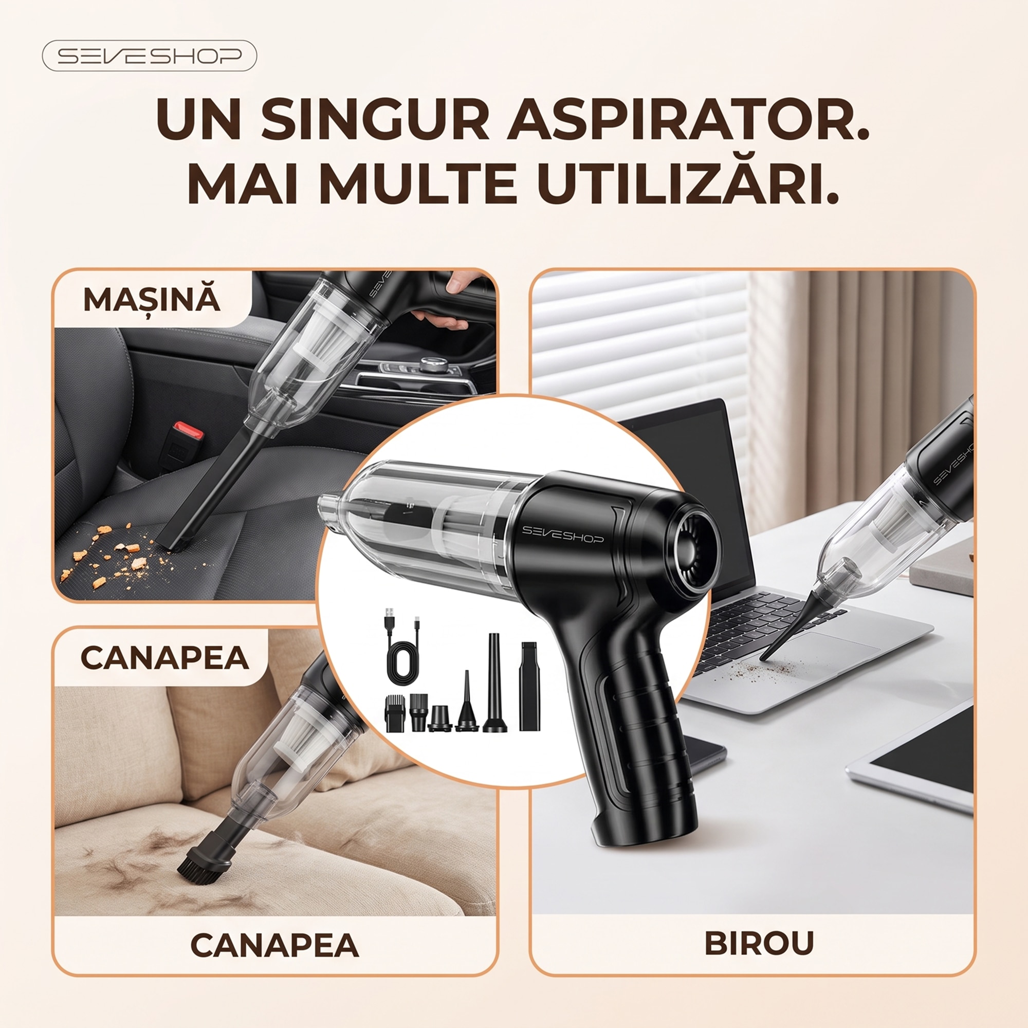 Aspirator Mana Portabil, SeveShop®, Aspirator De Mana Fara Fir Wireless, Aspirator Mana Cu Filtru HEPA, Putere 63.000 Pa, 7.4V, Baterie 2400 mAh, Autonomie 20 Minute, Capacitate 0.7L, Curatare Uscata, Compact Si Usor, Design Ergonomic, Argintiu