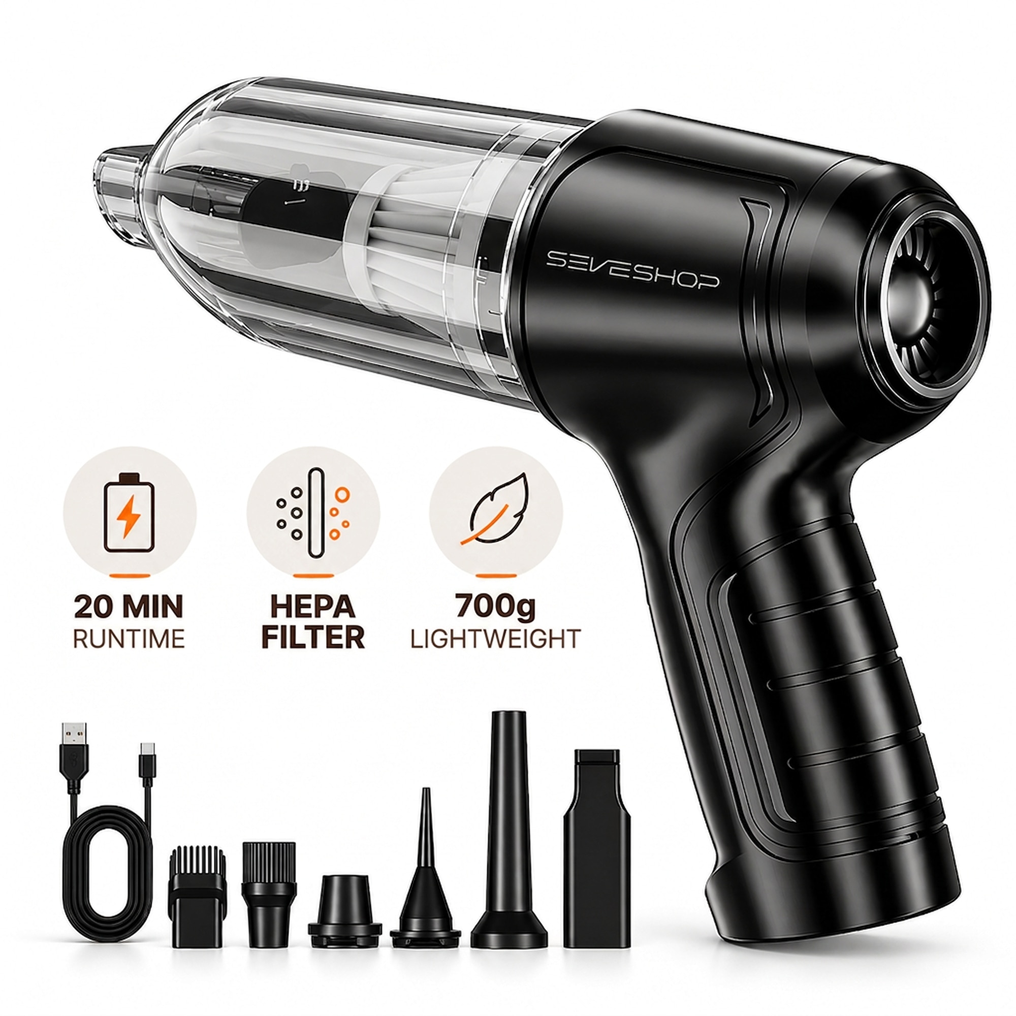 Aspirator Mana Portabil, SeveShop®, Aspirator De Mana Fara Fir Wireless, Aspirator Mana Cu Filtru HEPA, Putere 63.000 Pa, 7.4V, Baterie 2400 mAh, Autonomie 20 Minute, Capacitate 0.7L, Curatare Uscata, Compact Si Usor, Design Ergonomic, Argintiu