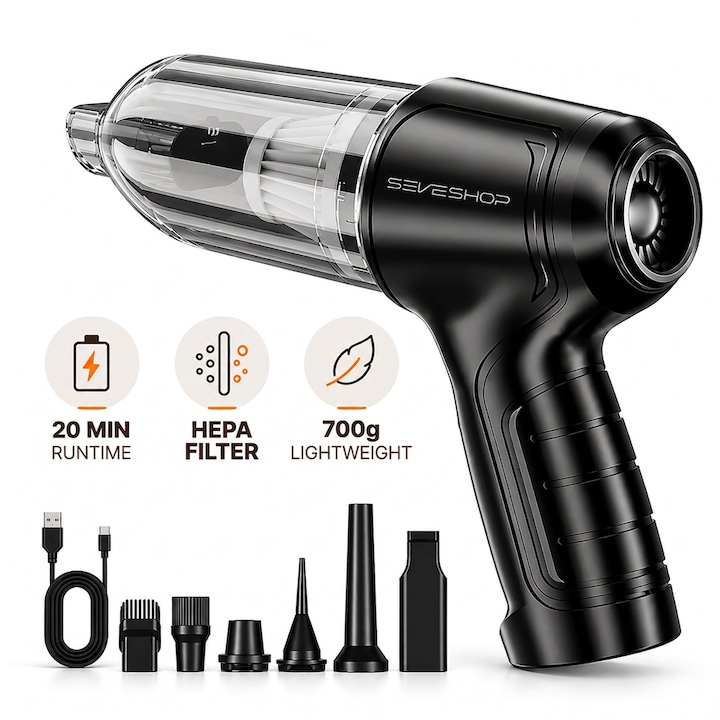 Aspirator Mana Portabil, SeveShop®, Aspirator De Mana Fara Fir Wireless, Aspirator Mana Cu Filtru HEPA, Putere 63.000 Pa, 7.4V, Baterie 2400 mAh, Autonomie 20 Minute, Capacitate 0.7L, Curatare Uscata, Compact Si Usor, Design Ergonomic, Argintiu