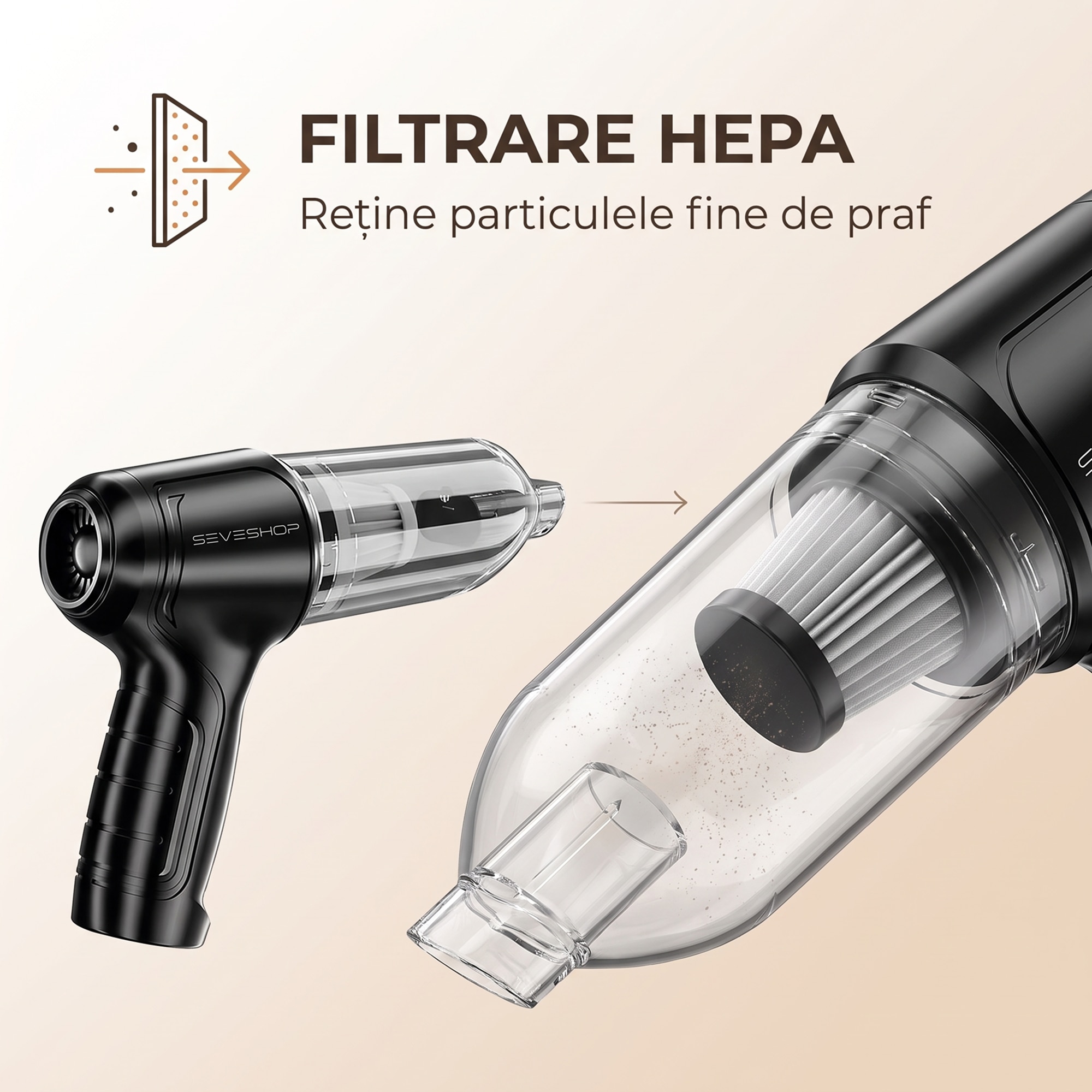Aspirator Mana Portabil, SeveShop®, Aspirator De Mana Fara Fir Wireless, Aspirator Mana Cu Filtru HEPA, Putere 63.000 Pa, 7.4V, Baterie 2400 mAh, Autonomie 20 Minute, Capacitate 0.7L, Curatare Uscata, Compact Si Usor, Design Ergonomic, Argintiu