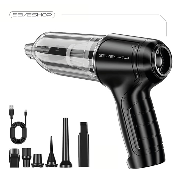 Aspirator Mana Portabil, SeveShop®, Aspirator De Mana Fara Fir Wireless, Aspirator Mana Cu Filtru HEPA, Putere 63.000 Pa, 7.4V, Baterie 2400 mAh, Autonomie 20 Minute, Capacitate 0.7L, Curatare Uscata, Compact Si Usor, Design Ergonomic, Argintiu