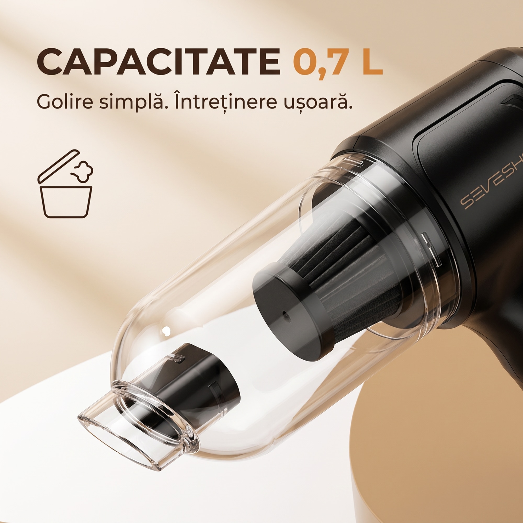 Aspirator Mana Portabil, SeveShop®, Aspirator De Mana Fara Fir Wireless, Aspirator Mana Cu Filtru HEPA, Putere 63.000 Pa, 7.4V, Baterie 2400 mAh, Autonomie 20 Minute, Capacitate 0.7L, Curatare Uscata, Compact Si Usor, Design Ergonomic, Argintiu
