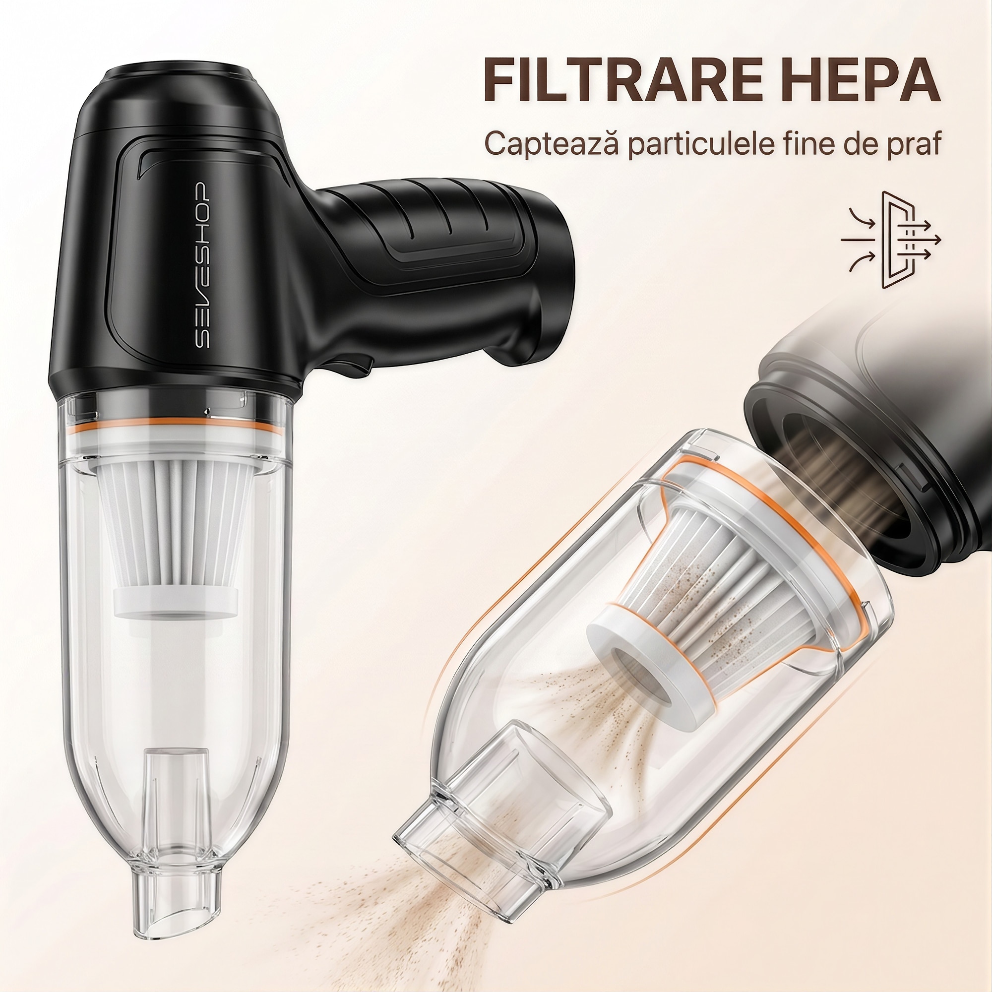 Aspirator Mana Portabil, SeveShop®, Aspirator De Mana Fara Fir Wireless, Aspirator Mana Cu Filtru HEPA, Putere 63.000 Pa, 7.4V, Baterie 2400 mAh, Autonomie 20 Minute, Capacitate 0.7L, Curatare Uscata, Compact Si Usor, Design Ergonomic, Argintiu