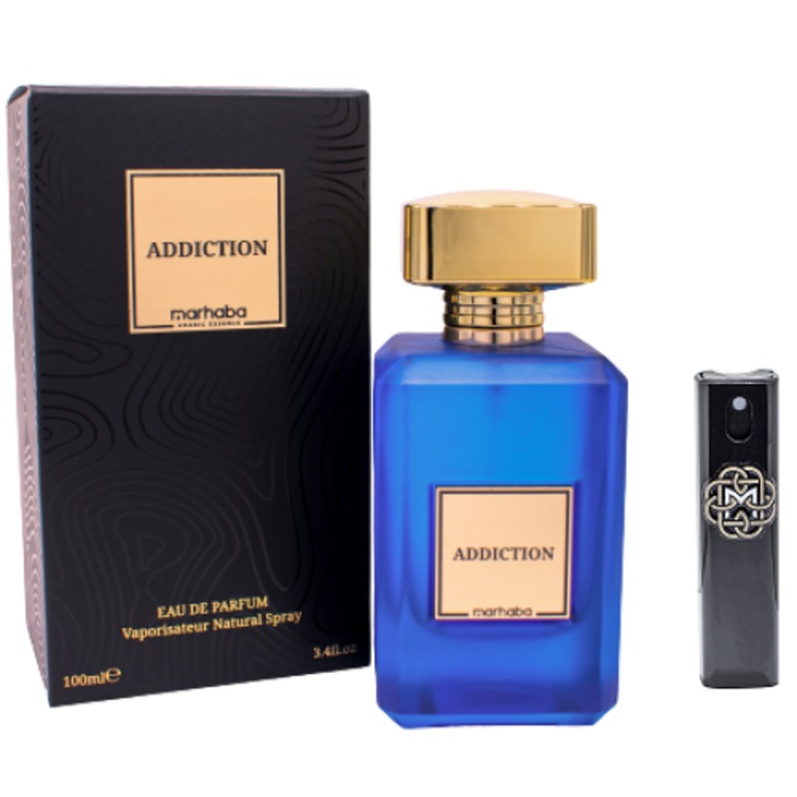 Set Apa de Parfum, Marhaba Addiction, pentru Barbati, 100 ml cu Kit Reincarcabil Travel 10 ml