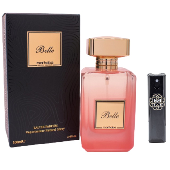 Set Apa de Parfum, Marhaba Belle, de Dama, 100 ml cu Kit Reincarcabil Travel 10 ml