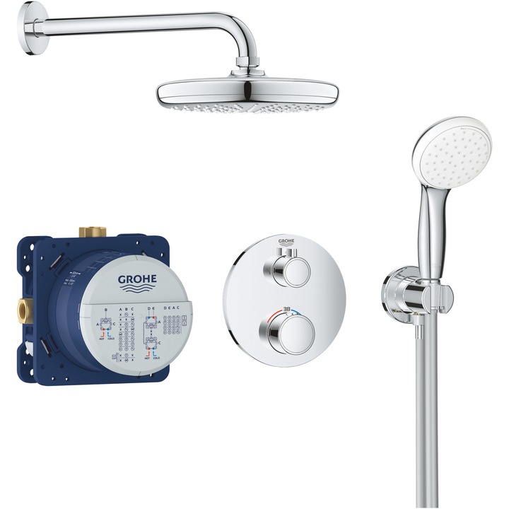Sistem de dus Grohe Grohtherm 34727000, incastrat, termostat, 210 mm, para dus, furtun 1.5 m, crom